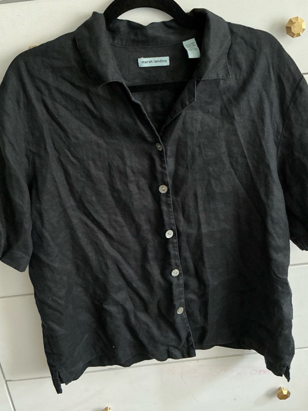 Marsh Landing Black Short-Sleeve Linen Button-Down Shirt